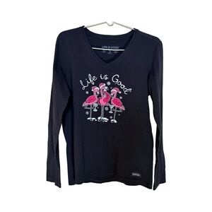 Life is Good Womens Long Sleeve Flamingo Christmas V Neck T Shirt Size Small